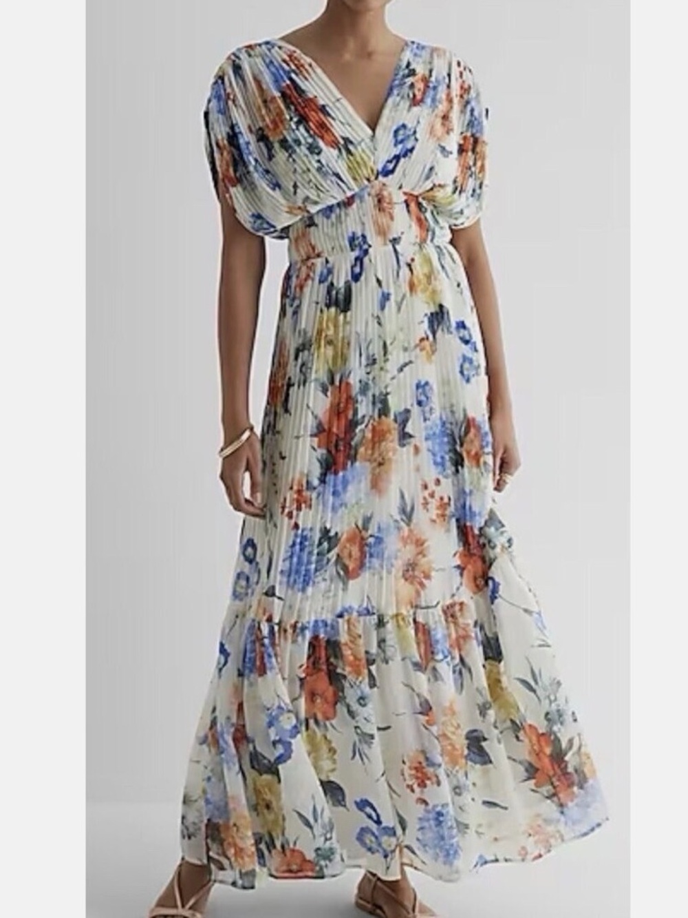 Express Floral Pleated Maxi Dress in Cream, Blue, Red and Orange, Draped sleeve